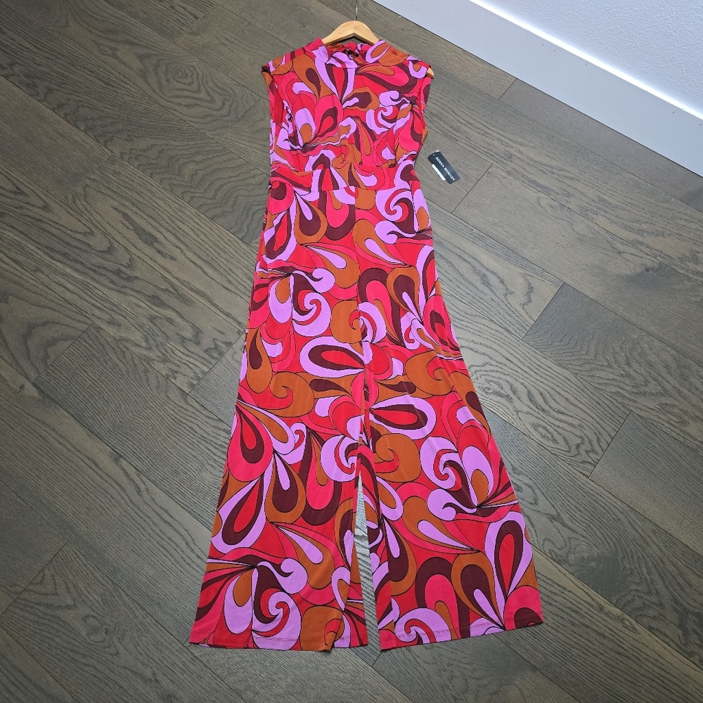 🆕️ Donna Morgan Retro Mock Neck Flare Lef Jumpsuit in Red & Lavender - Picture 5 of 11